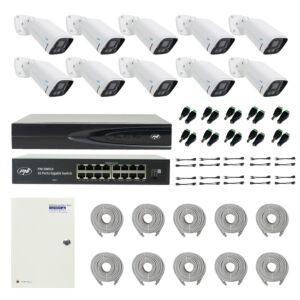 PNI House IP816 NVR-paket med 10 PNI IP780 4MP-kameror, källa, switch, kablar, pluggar och splitter