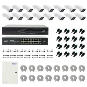 PNI House IP816 NVR-paket med 16 PNI IP740 4MP-kameror, källa, switch, kablar, pluggar och splitter