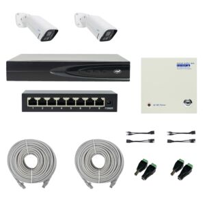 PNI House IP816 NVR-paket med 2 PNI IP780 4K-kameror, källa, switch, kablar, pluggar och splitter