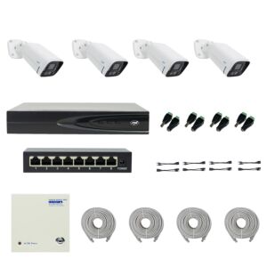 PNI House IP816 NVR-paket med 4 PNI IP780 4K-kameror, källa, switch, kablar, pluggar och splitter