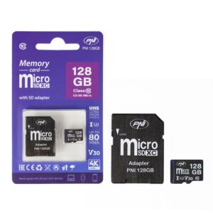 MicroSD PNI 128GB minneskort med SD-adapter, Klass 10, 80 Mb/s, V30