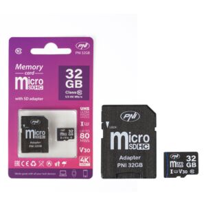 MicroSD PNI 32GB minneskort med SD-adapter, Klass 10, 80 Mb/s, V30