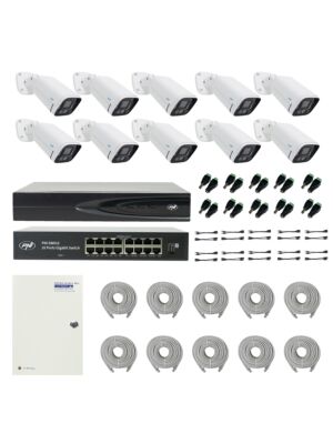 PNI House IP816 NVR-paket med 10 PNI IP780 4MP-kameror, källa, switch, kablar, pluggar och splitter