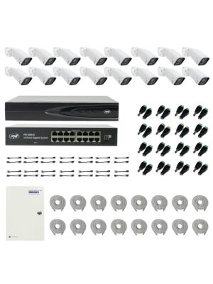 PNI House IP816 NVR-paket med 16 PNI IP740 4MP-kameror, källa, switch, kablar, pluggar och splitter