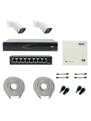 PNI House IP816 NVR-paket med 2 PNI IP780 4K-kameror, källa, switch, kablar, pluggar och splitter