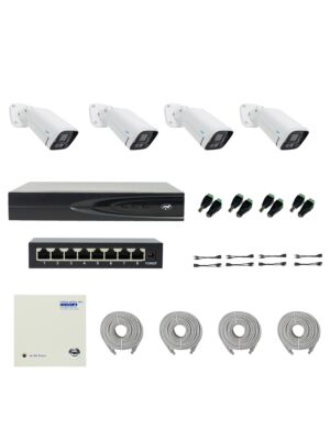 PNI House IP816 NVR-paket med 4 PNI IP780 4K-kameror, källa, switch, kablar, pluggar och splitter