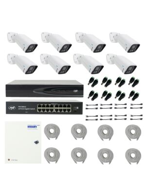 PNI House IP816 NVR-paket med 8 PNI IP780 4K-kameror, källa, switch, kablar, pluggar och splitter