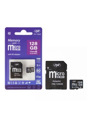 MicroSD PNI 128GB minneskort med SD-adapter, Klass 10, 80 Mb/s, V30