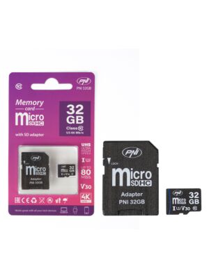 MicroSD PNI 32GB minneskort med SD-adapter, Klass 10, 80 Mb/s, V30